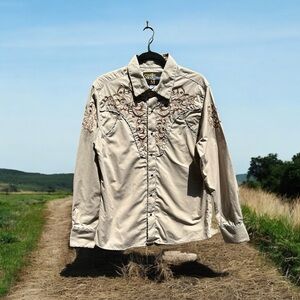 Senor De Los Cielos Brown Embroidered Western Button Down Shirt Size Medium